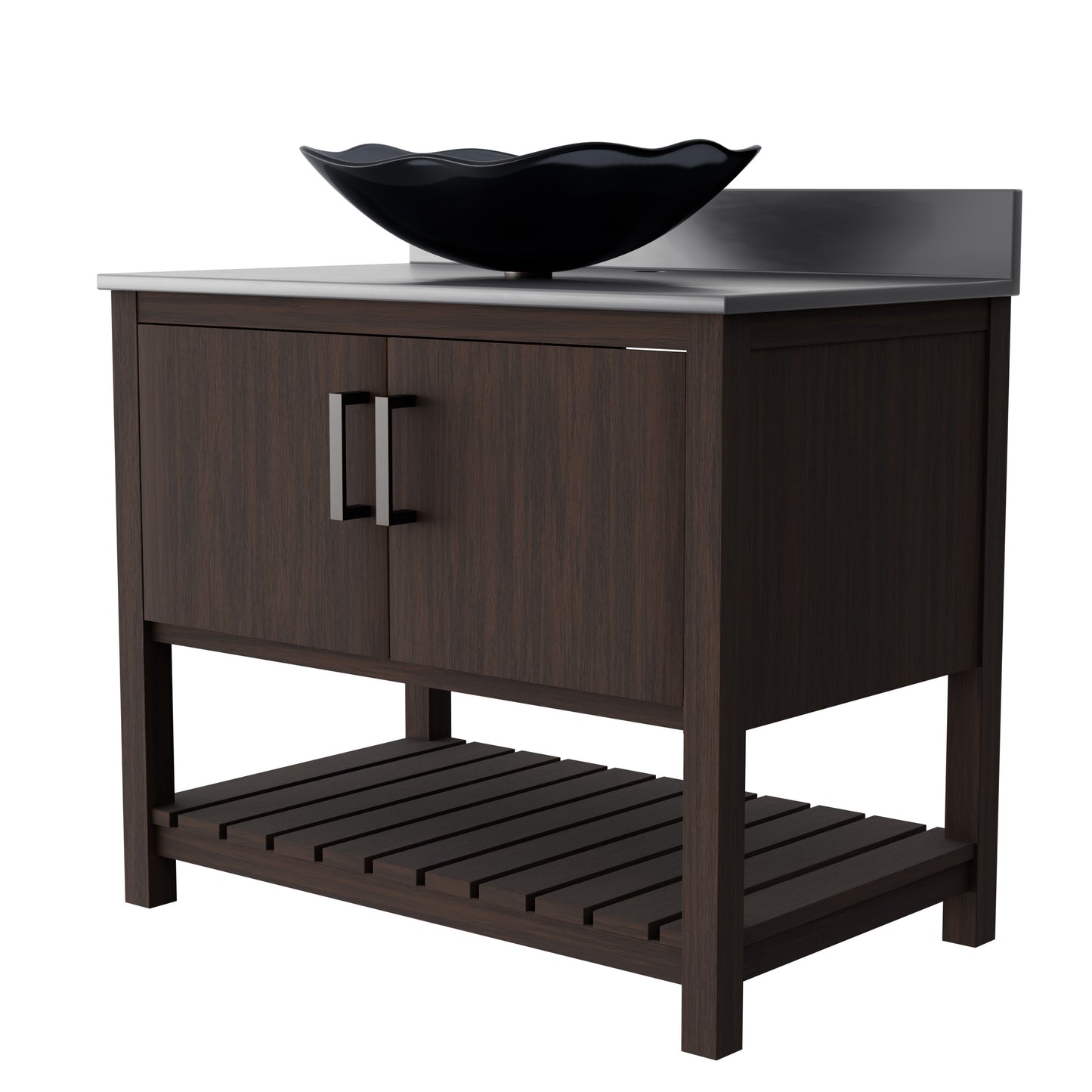 36-inch Novatto bathroom vanity with storm grey quartz countertop and sink, showcasing its sleek design and modern style.