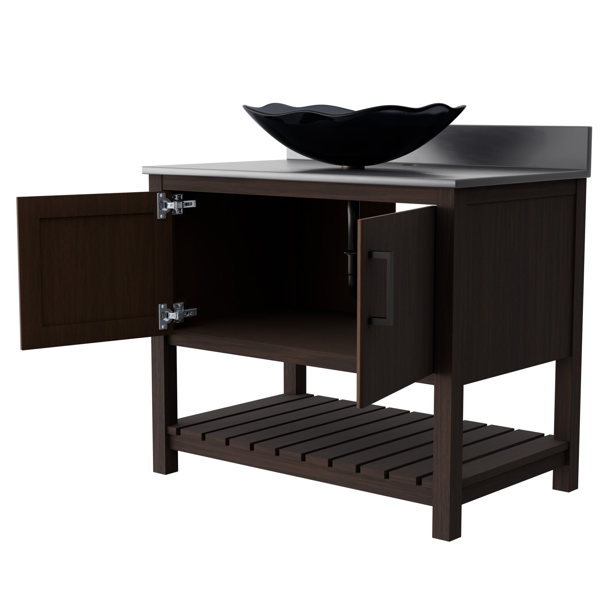 Novatto 36-inch bath vanity with storm grey quartz countertop and integrated sink, shown from a front view.