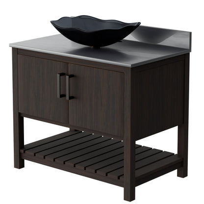 36-inch Novatto bath vanity with storm grey quartz countertop and sink, showcasing modern bathroom accessory design.