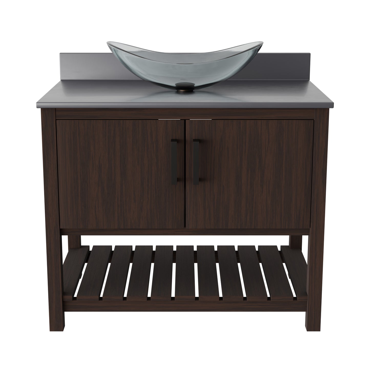 Novatto 36-inch bath vanity with storm grey quartz countertop and sink, showcasing a modern bathroom accessory.