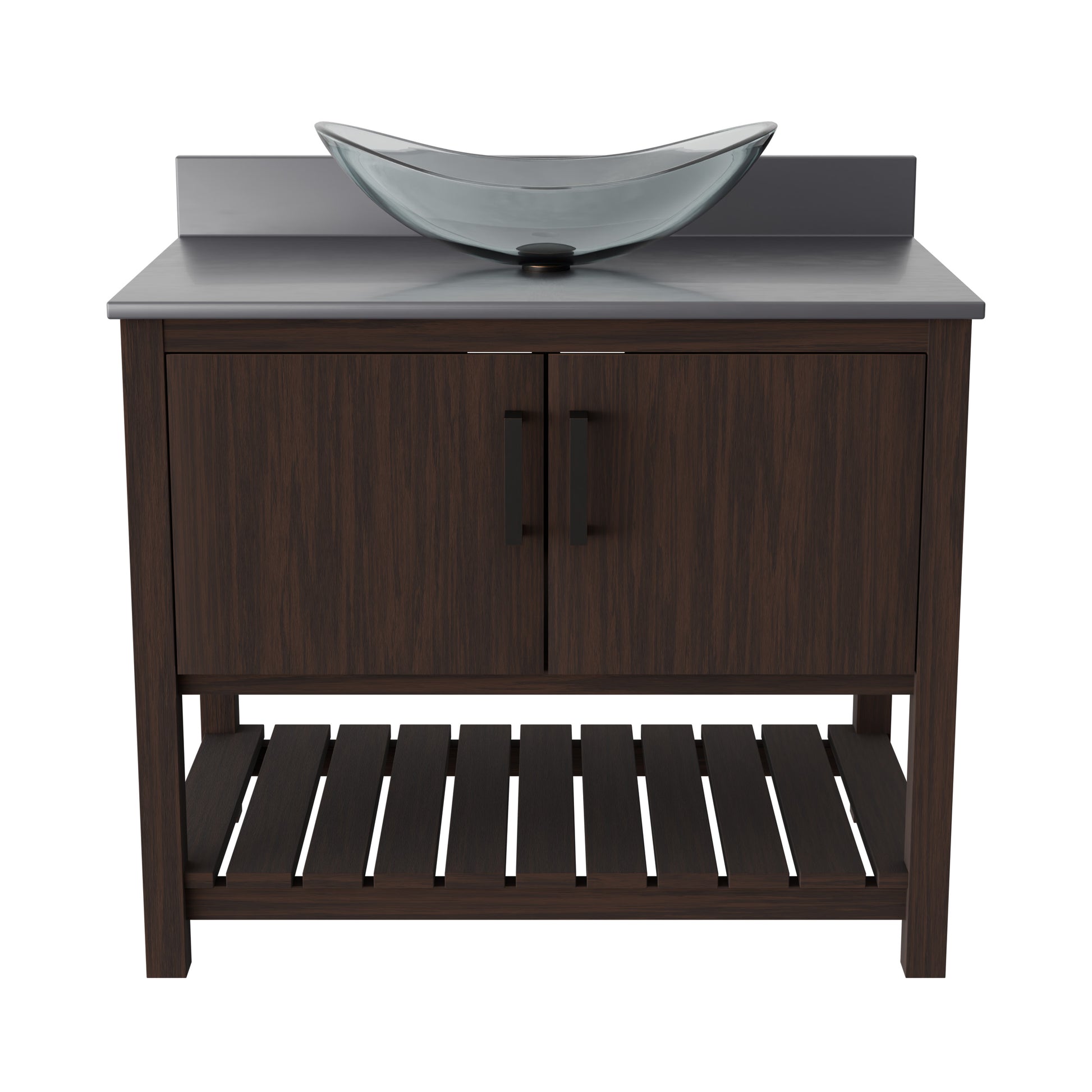 Novatto 36-inch bath vanity with storm grey quartz countertop and sink, showcasing a modern bathroom accessory.