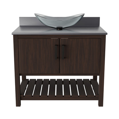 Novatto 36-inch bath vanity with storm grey quartz countertop and sink, showcasing a modern bathroom accessory.