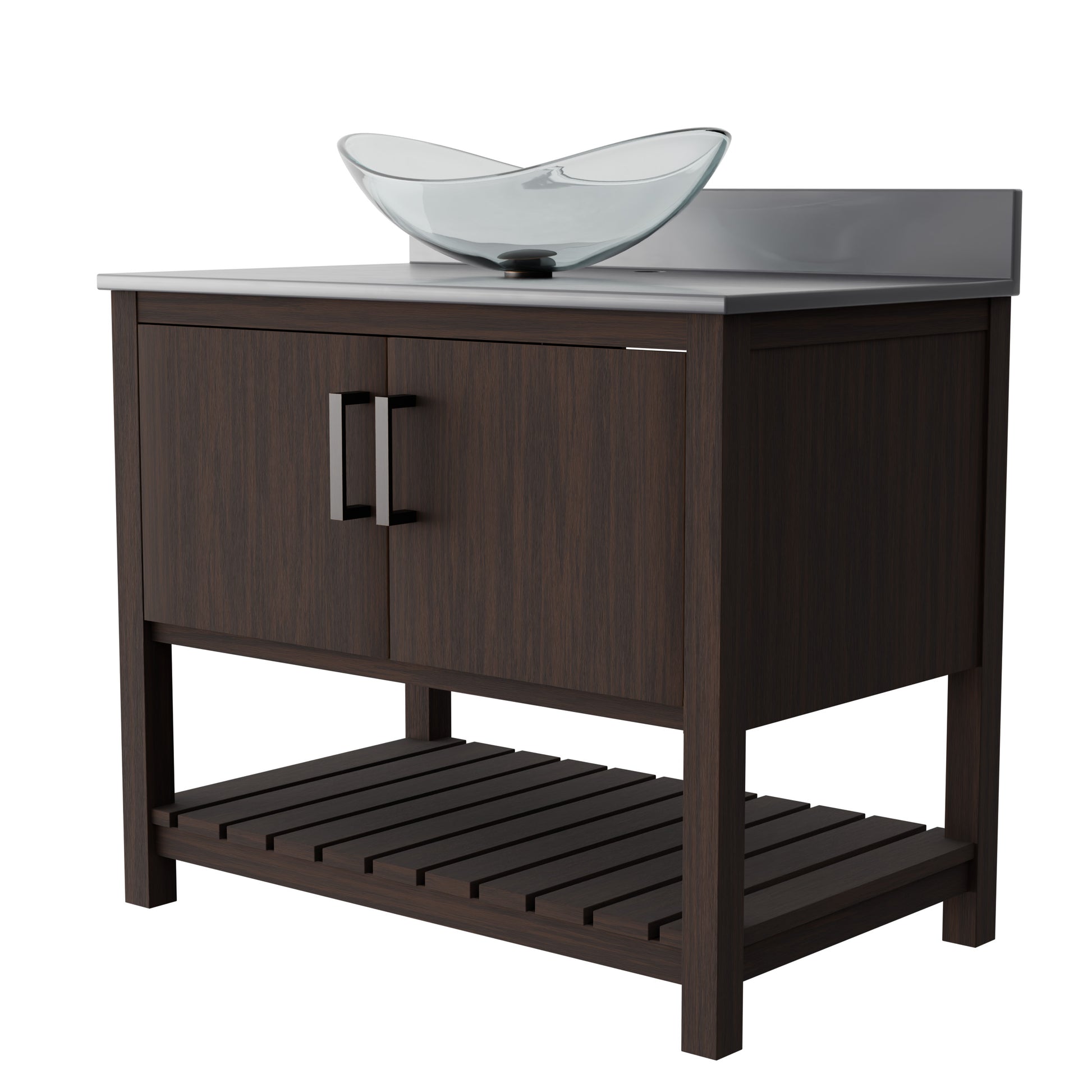 Novatto 36-inch bath vanity with storm grey quartz countertop and integrated sink, showcasing sleek modern bathroom design