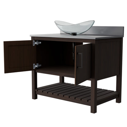 Novatto 36-inch bath vanity with storm grey quartz countertop and sink, showcasing sleek bathroom accessory design.