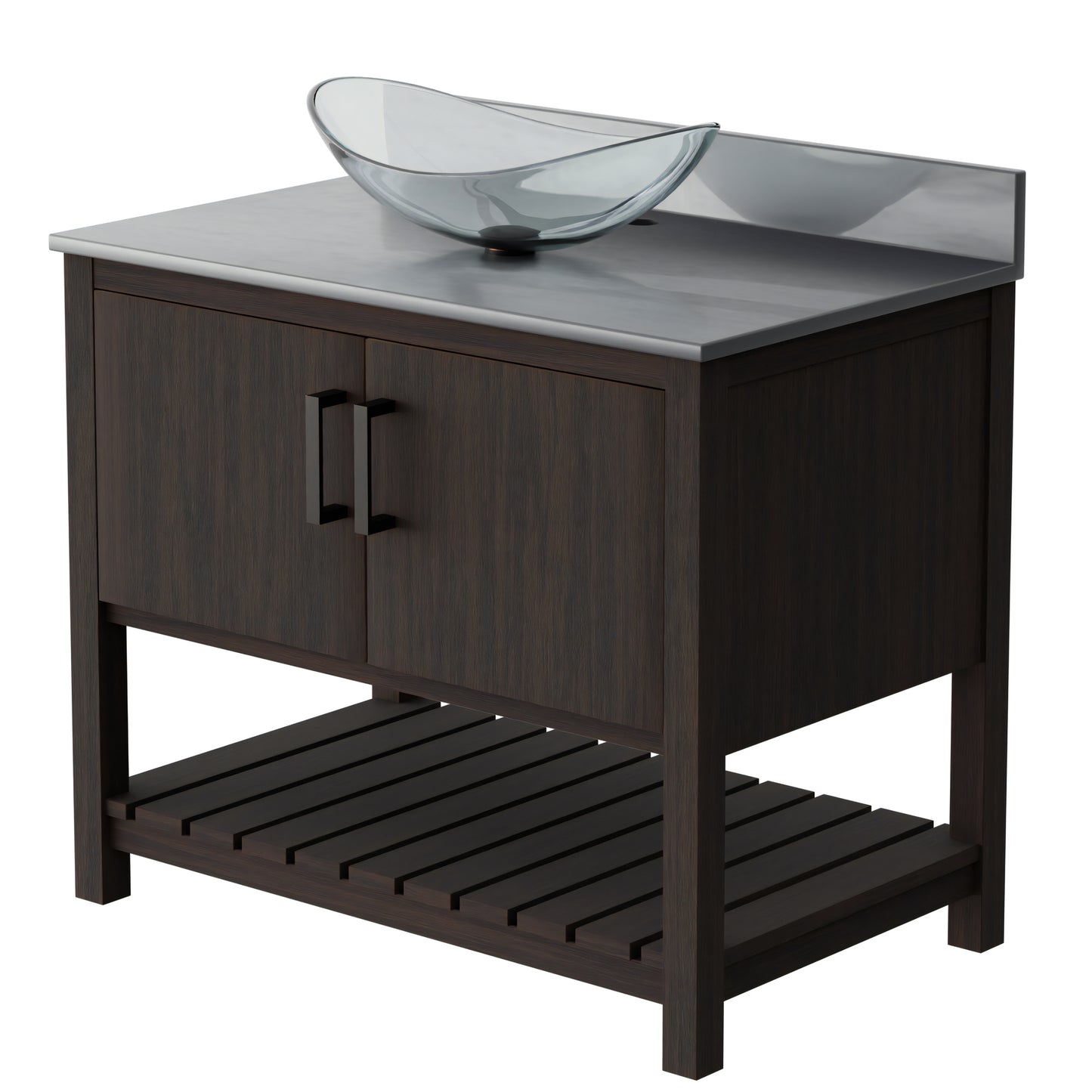 36-inch Novatto bath vanity with storm grey quartz counter and sink, showcasing modern bathroom accessory design.