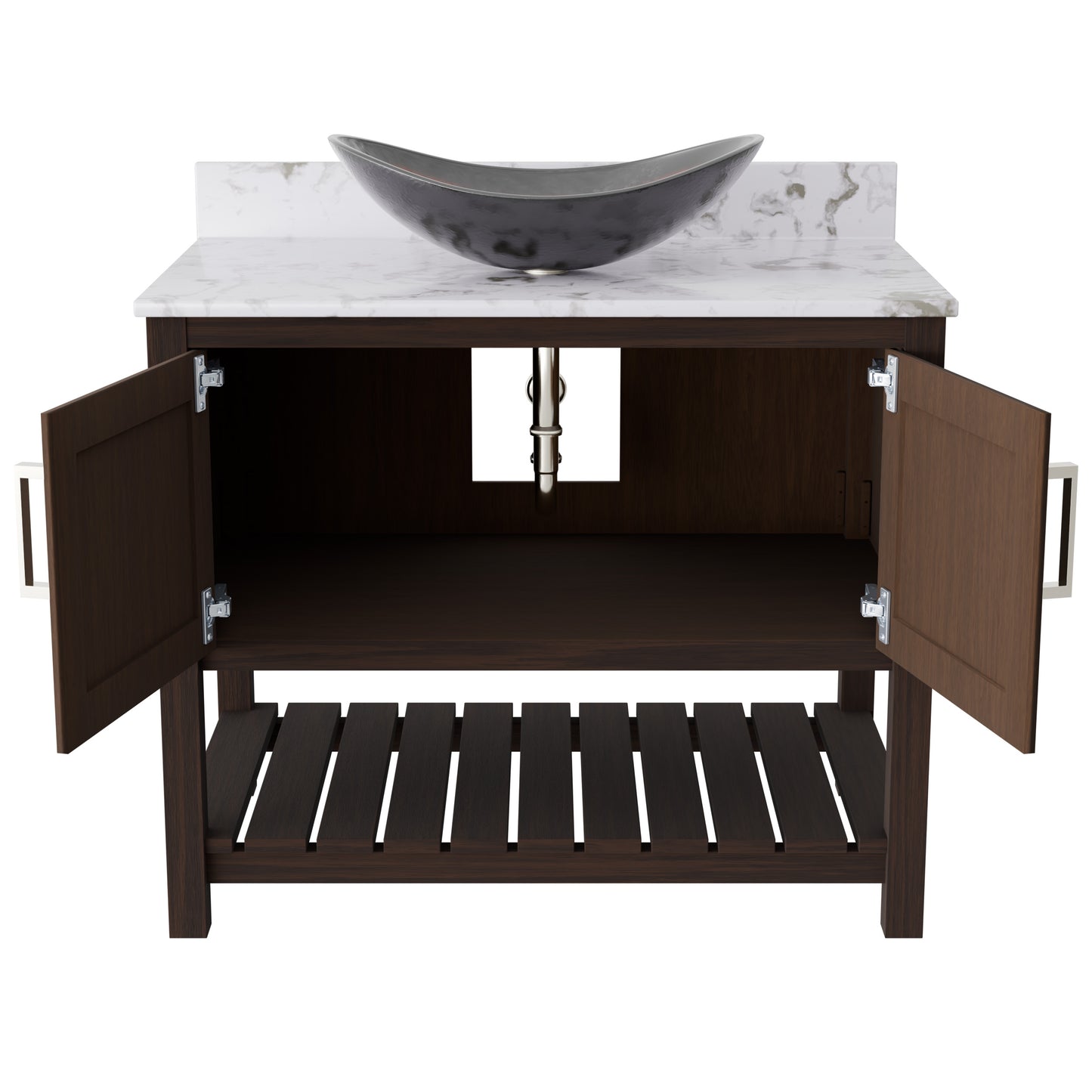 36-inch Novatto bath vanity with cafe mocha quartz countertop and integrated sink, showcasing sleek bathroom accessory design.