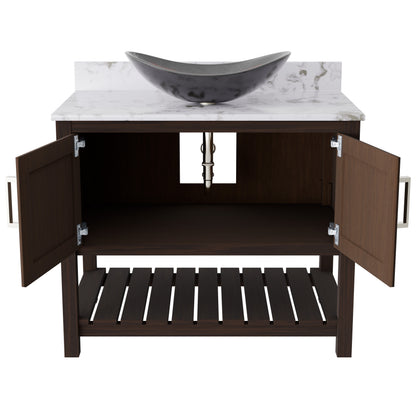 36-inch Novatto bath vanity with cafe mocha quartz countertop and integrated sink, showcasing sleek bathroom accessory design.