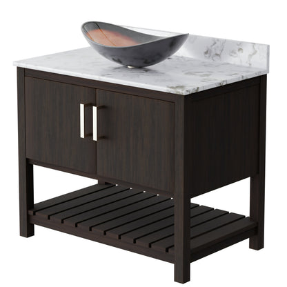 36-inch Novatto bath vanity with cafe mocha quartz countertop and integrated sink, shown with sleek modern design.