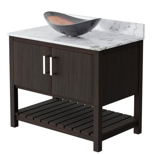 36-inch Novatto bath vanity with cafe mocha quartz countertop and integrated sink, shown with sleek modern design.