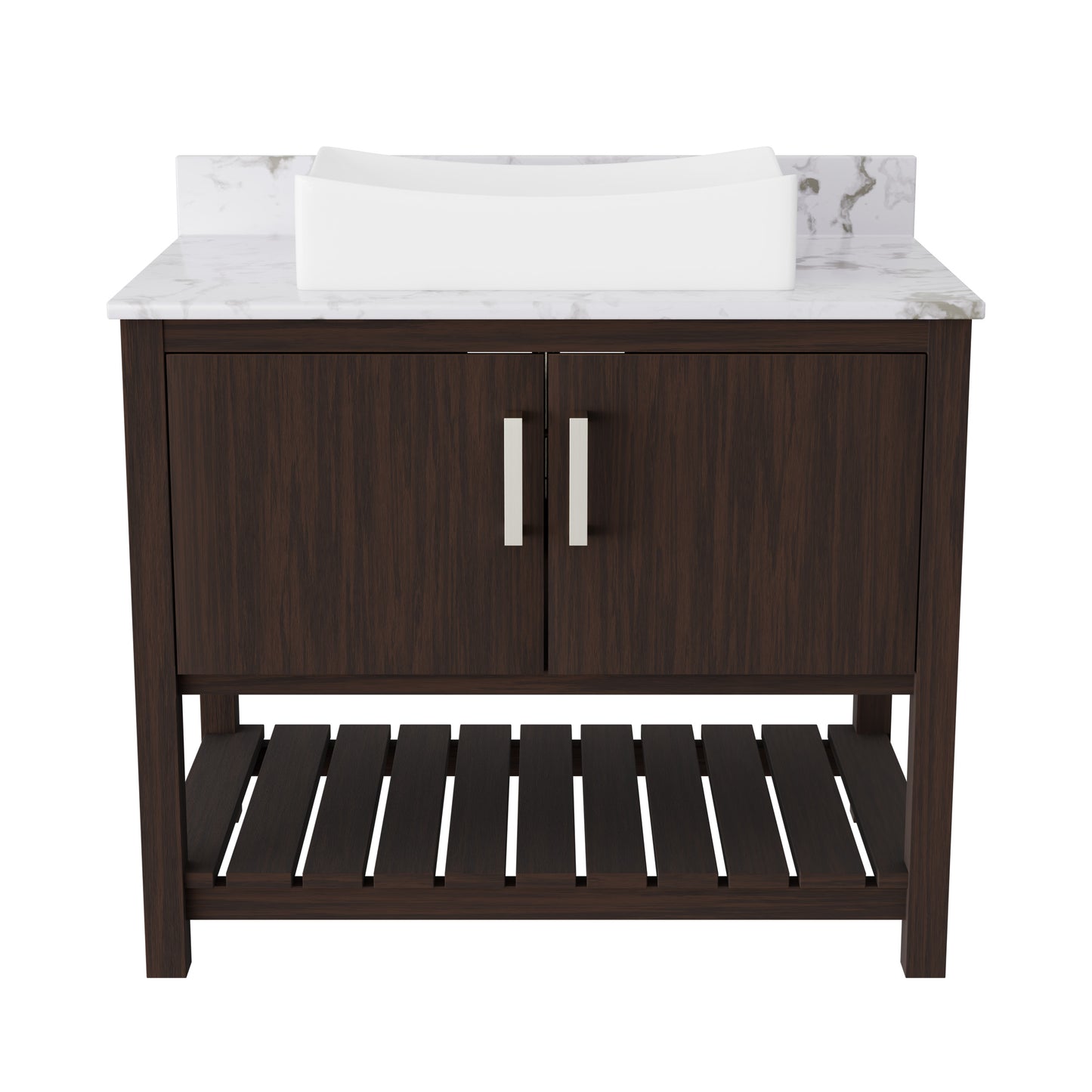 36-inch Novatto bath vanity with cafe mocha quartz countertop and sink, showcasing sleek bathroom accessory design.