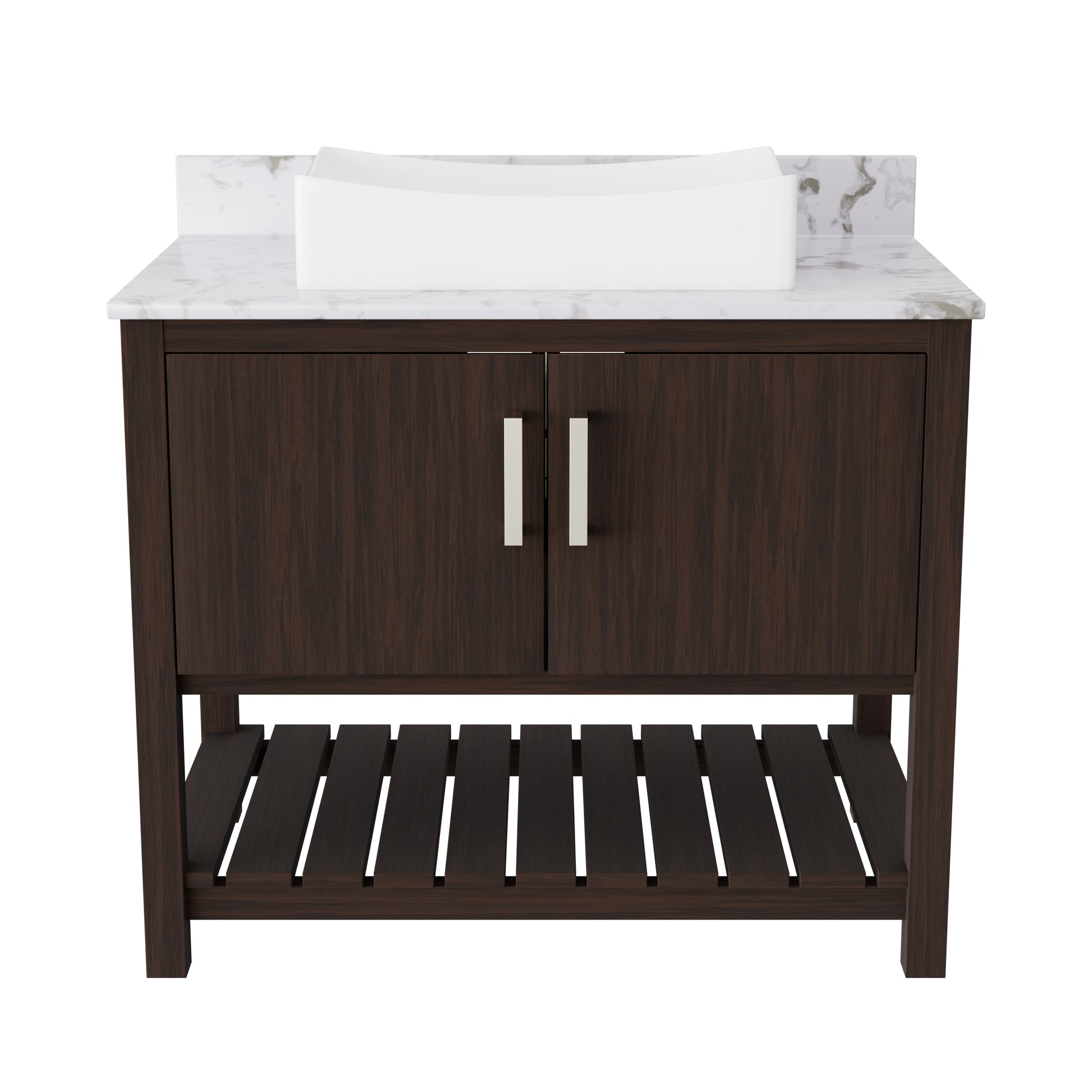 36-inch Novatto bath vanity with cafe mocha quartz countertop and sink, showcasing sleek bathroom accessory design.