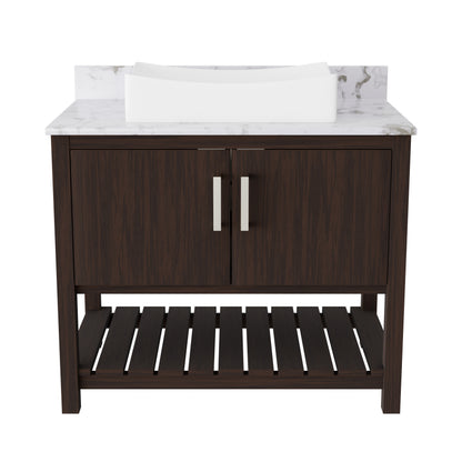 36-inch Novatto bath vanity with cafe mocha quartz countertop and sink, showcasing sleek bathroom accessory design.