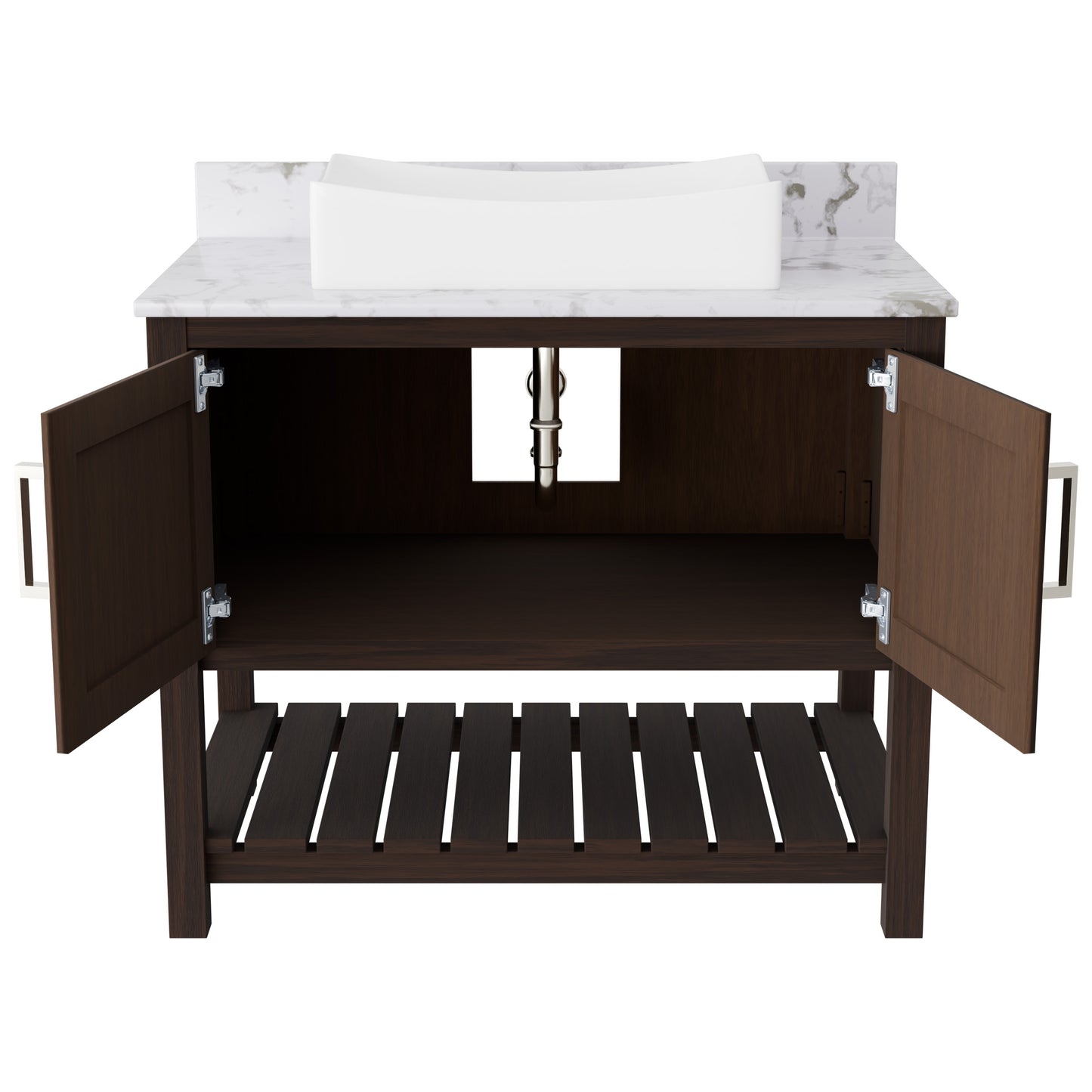 36-inch Novatto bath vanity with cafe mocha quartz countertop and sink, showcasing sleek bathroom accessory design.