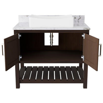 36-inch Novatto bath vanity with cafe mocha quartz countertop and sink, showcasing sleek bathroom accessory design.
