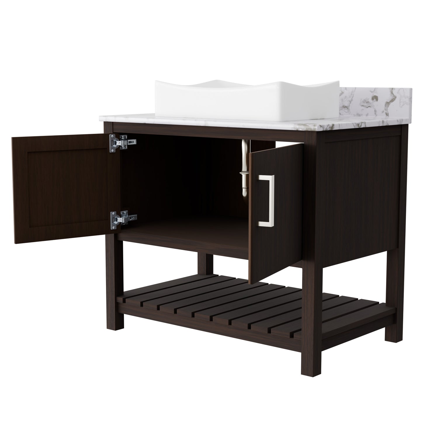 36-inch Novatto bath vanity with cafe mocha quartz countertop and sink, modern bathroom accessory with sleek design.