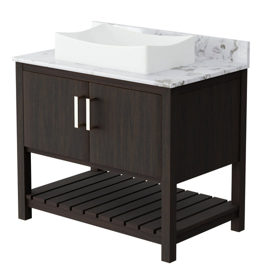 36-inch Novatto bath vanity with cafe mocha quartz countertop and sink, featuring modern bathroom accessory design.