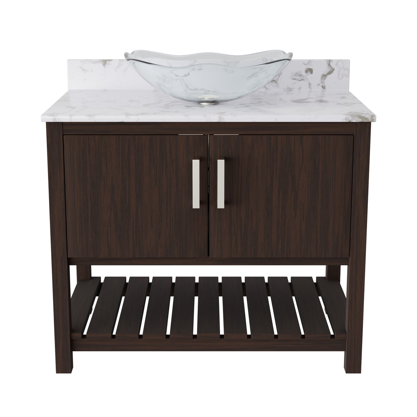 36-inch Novatto bath vanity with cafe mocha quartz countertop and integrated sink, showcasing sleek bathroom accessory design.