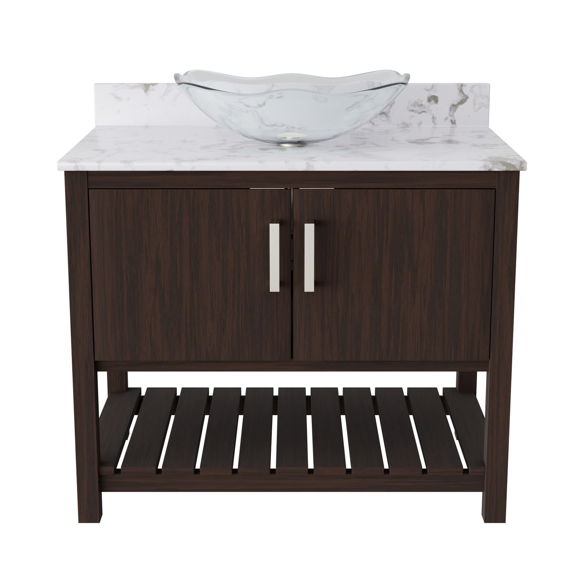 36-inch Novatto bath vanity with cafe mocha quartz countertop and integrated sink, showcasing sleek bathroom accessory design.