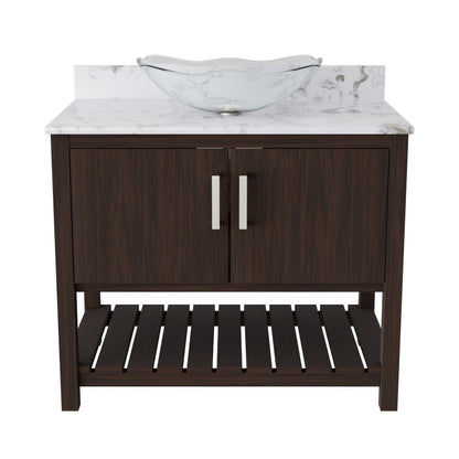 36-inch Novatto bath vanity with cafe mocha quartz countertop and integrated sink, showcasing sleek bathroom accessory design.