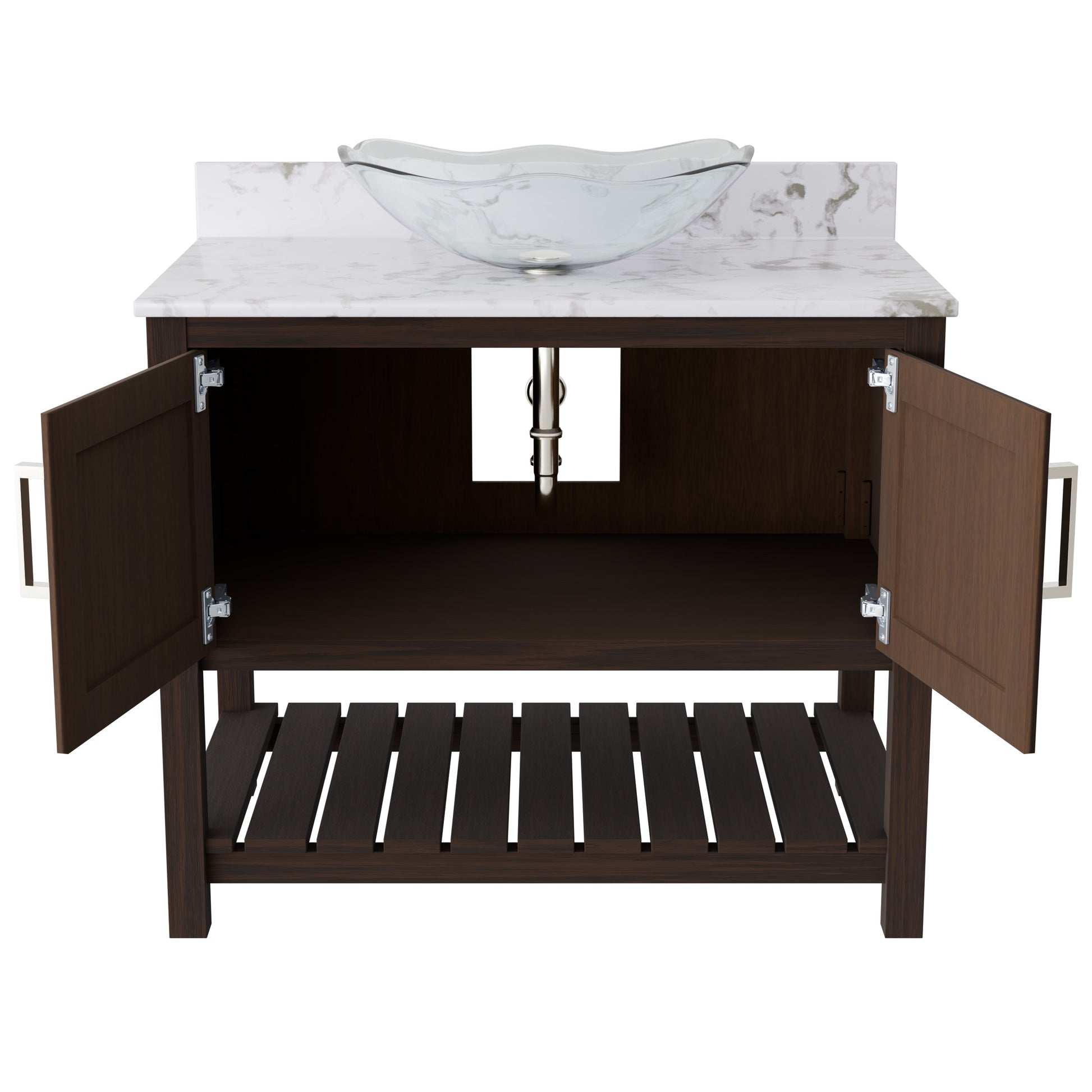 36-inch Novatto bath vanity with cafe mocha quartz countertop and sink, showcasing a sleek, modern bathroom accessory.