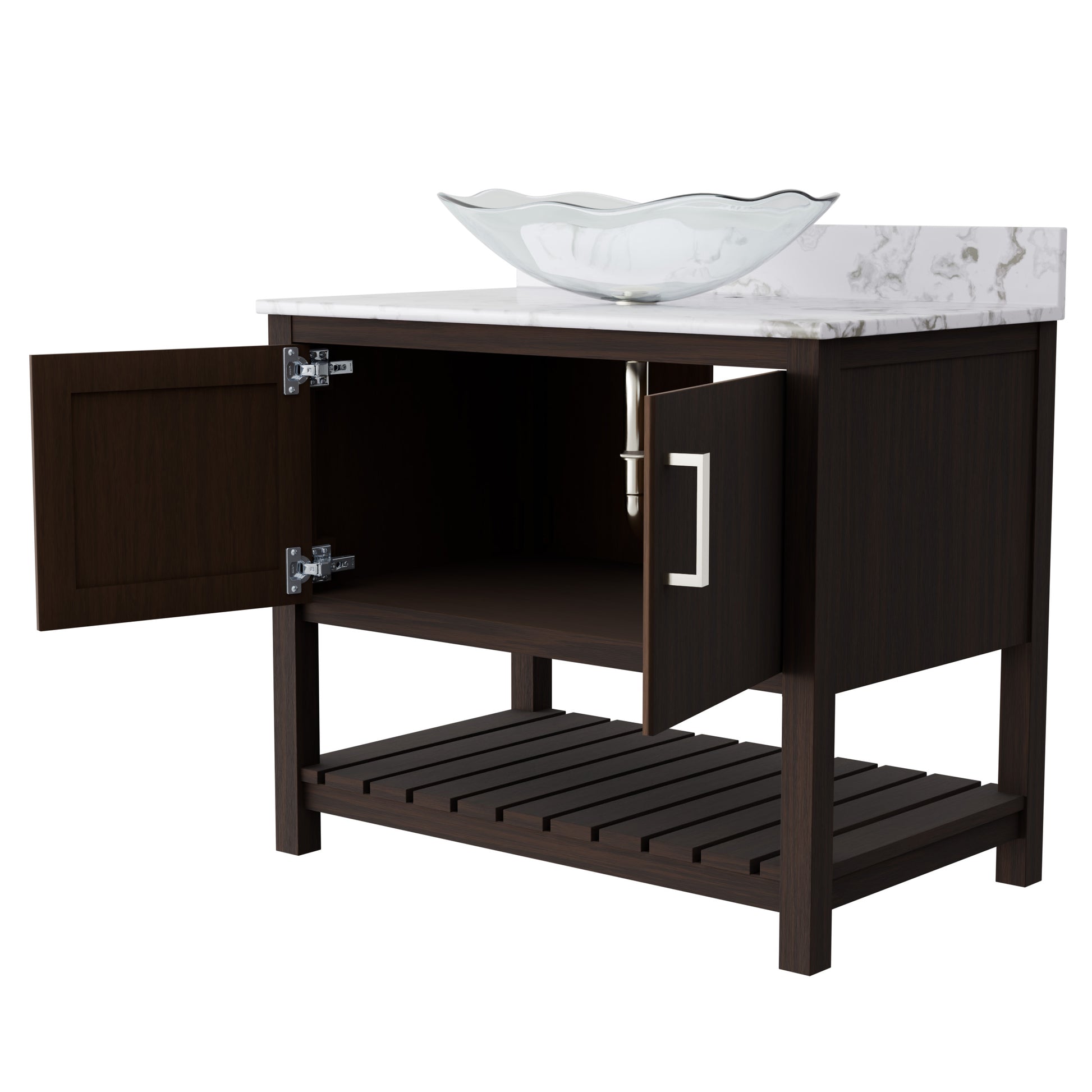 36-inch Novatto bath vanity with cafe mocha quartz countertop and sink, showcasing sleek bathroom accessory design.