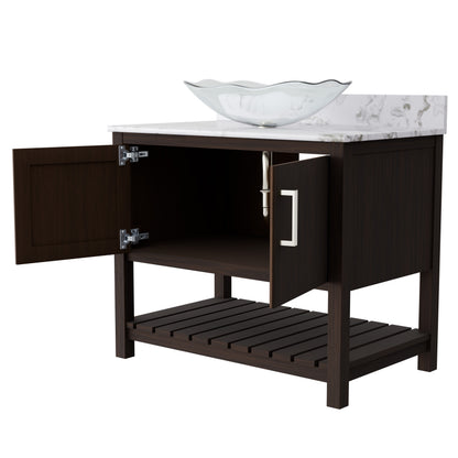 36-inch Novatto bath vanity with cafe mocha quartz countertop and sink, showcasing sleek bathroom accessory design.