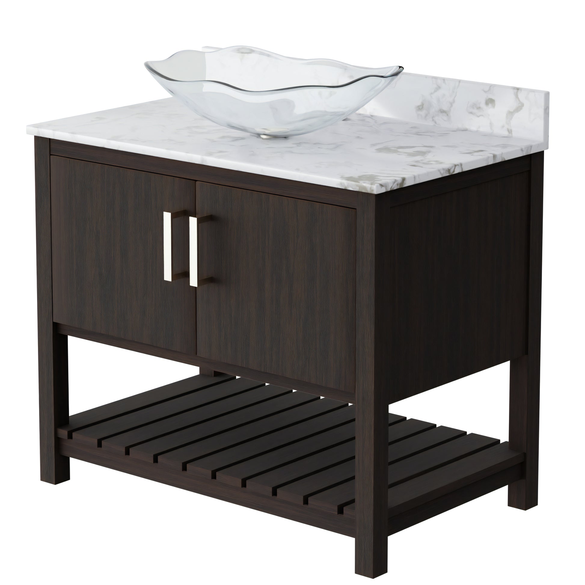 36-inch Novatto bath vanity with cafe mocha quartz countertop and integrated sink, showcasing sleek bathroom accessory design
