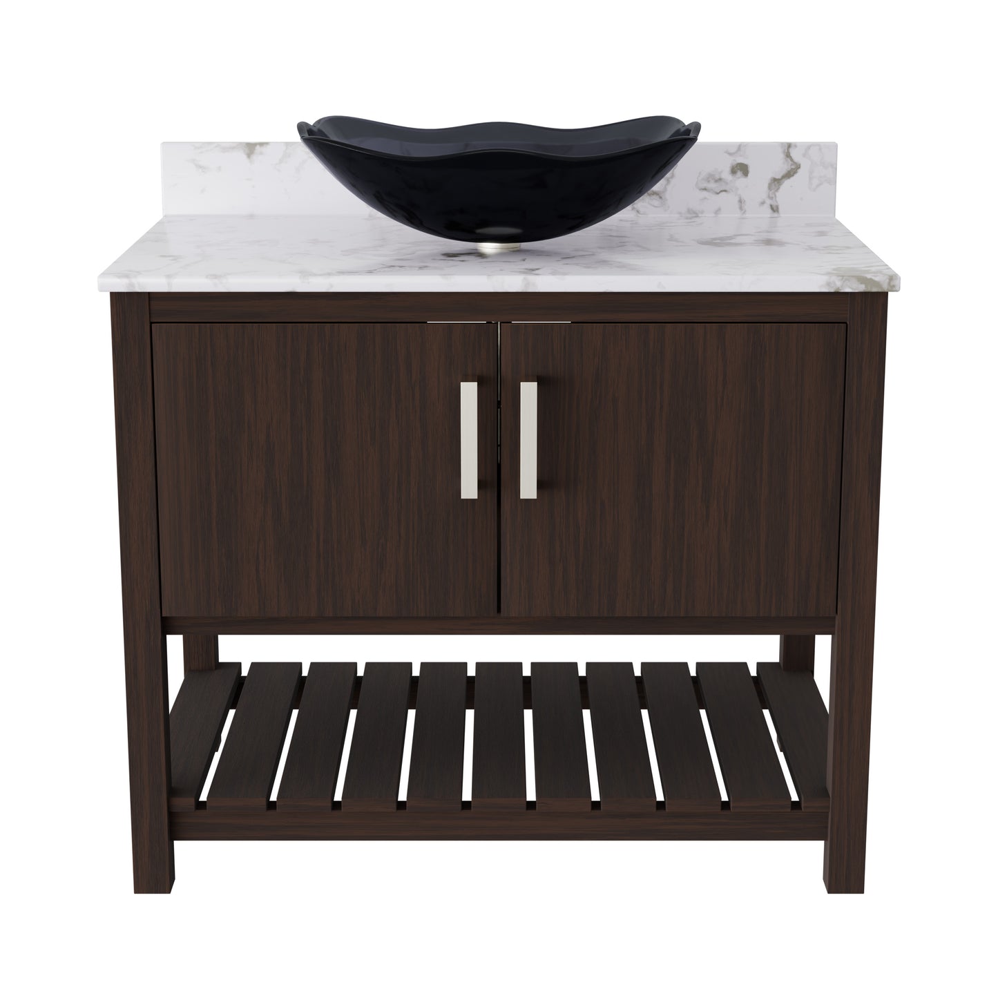 Novatto 36-inch bath vanity with cafe mocha quartz countertop and integrated sink, showcasing elegant bathroom accessory design.