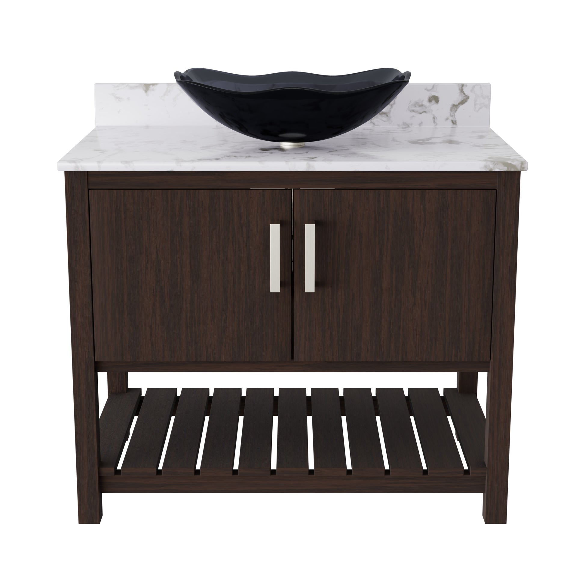 Novatto 36-inch bath vanity with cafe mocha quartz countertop and integrated sink, showcasing elegant bathroom accessory design.