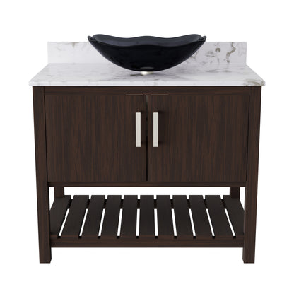 Novatto 36-inch bath vanity with cafe mocha quartz countertop and integrated sink, showcasing elegant bathroom accessory design.