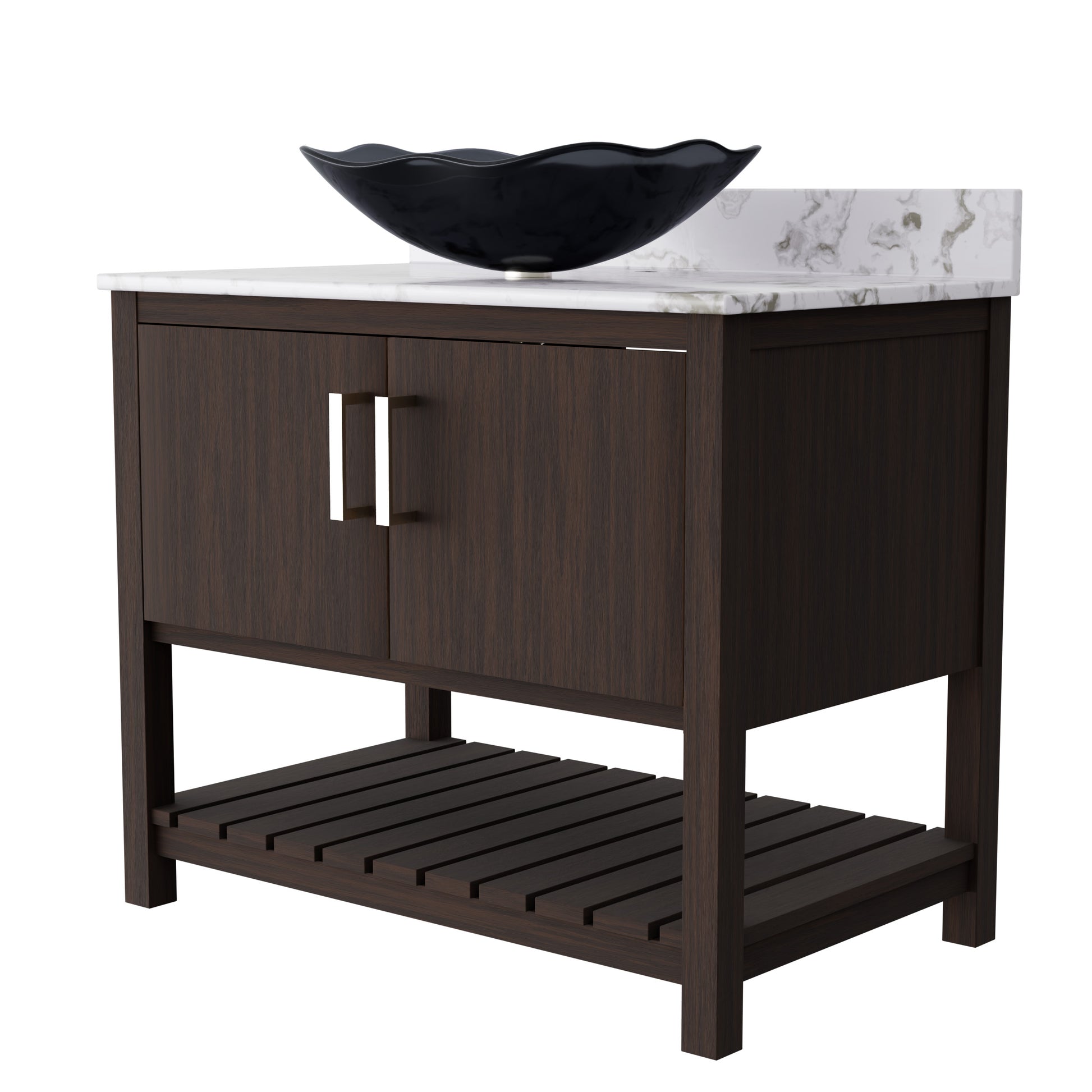 36-inch Novatto bath vanity with cafe mocha quartz countertop and sink, shown in a sleek, modern bathroom setting.
