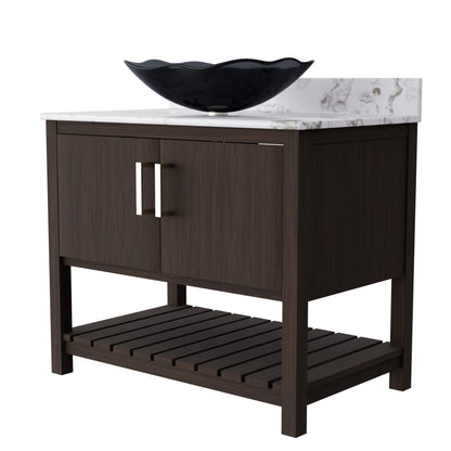 36-inch Novatto bath vanity with cafe mocha quartz countertop and sink, shown in a sleek, modern bathroom setting.