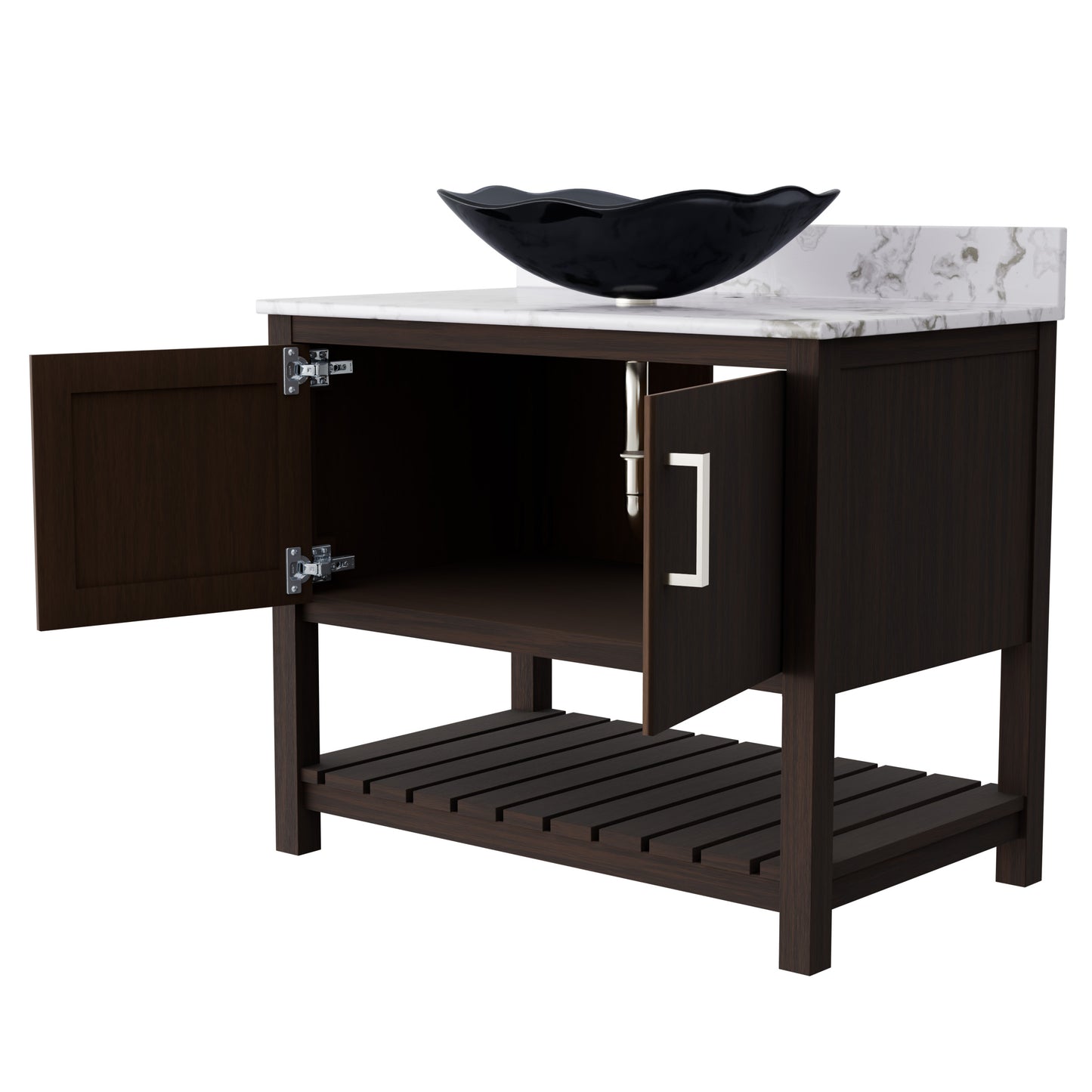 36-inch Novatto bath vanity with Cafe Mocha quartz countertop and sink, featuring a modern bathroom accessory design.