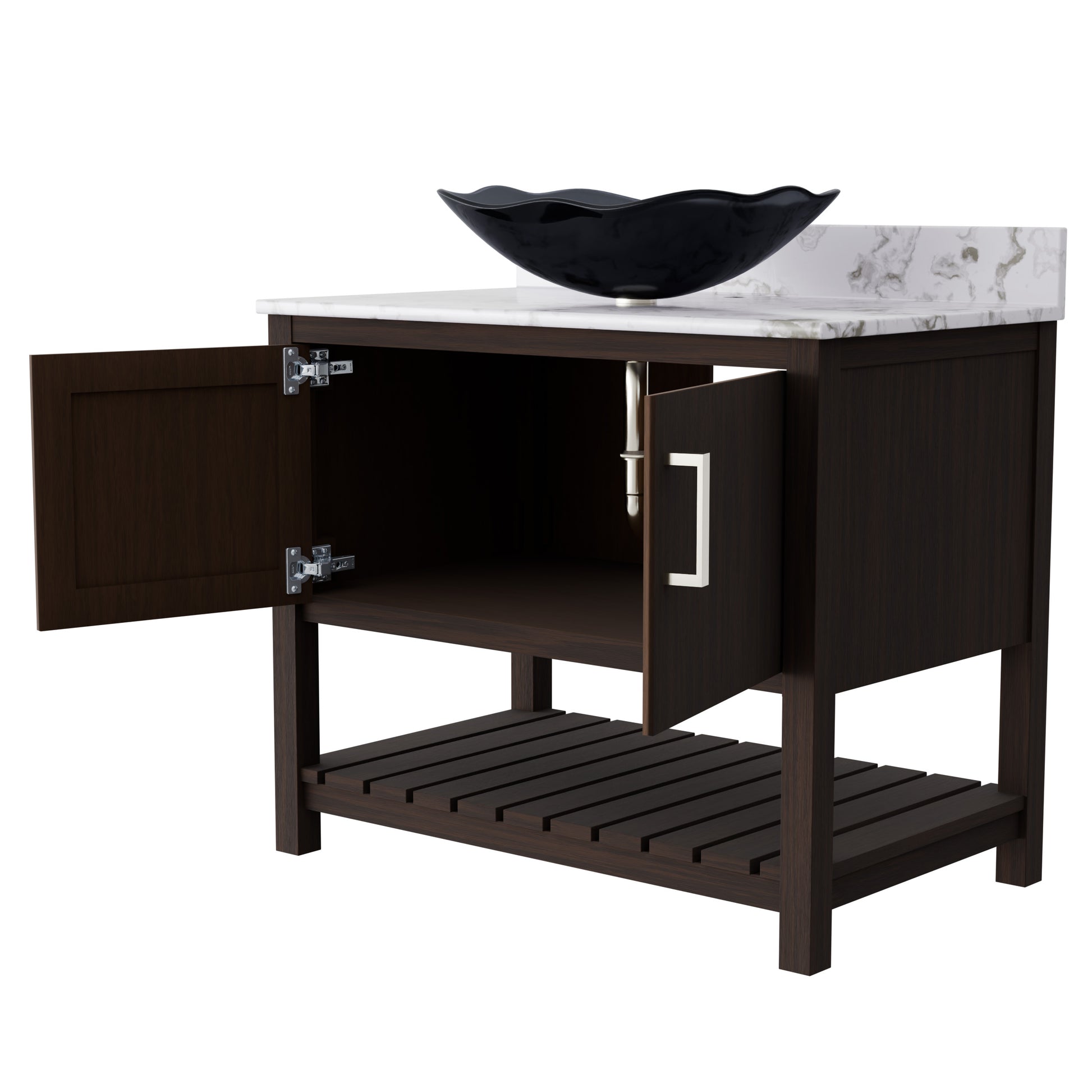 36-inch Novatto bath vanity with Cafe Mocha quartz countertop and sink, featuring a modern bathroom accessory design.