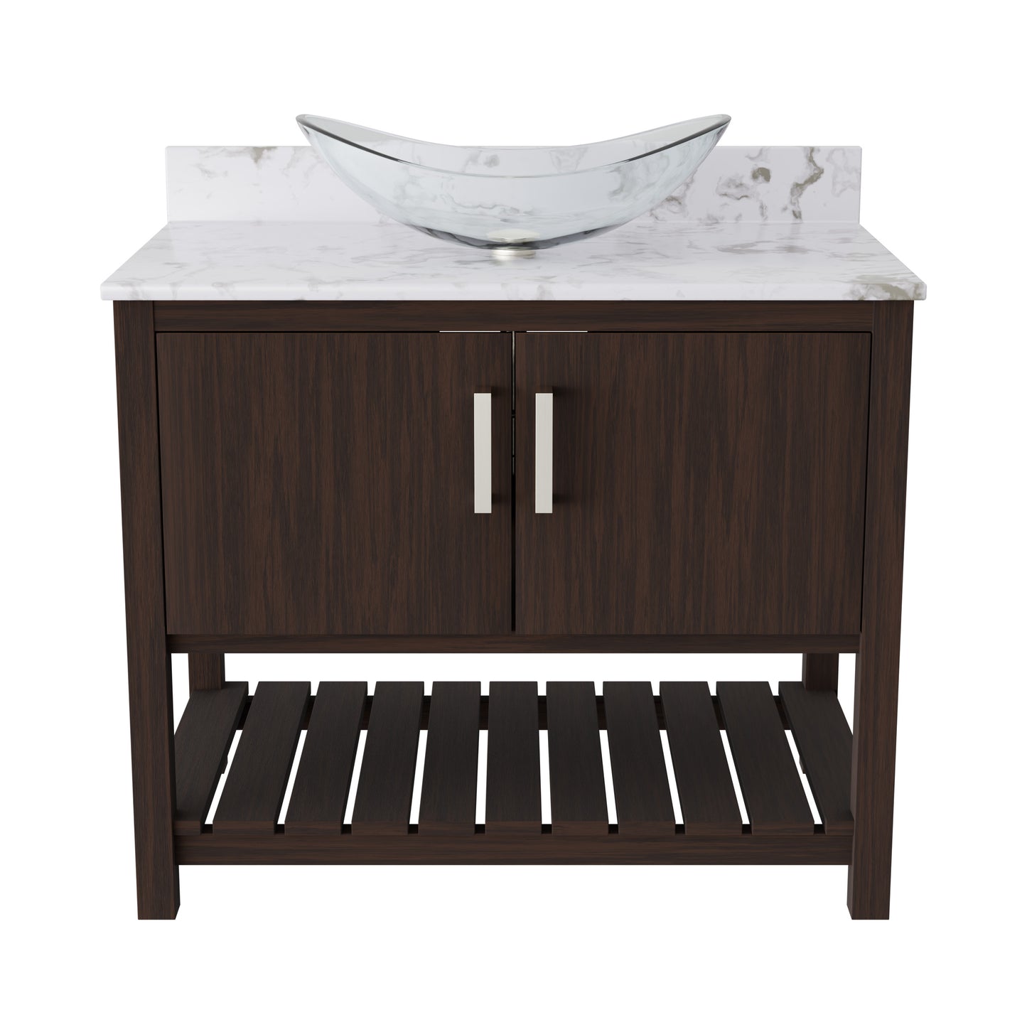 36-inch Novatto bath vanity with cafe mocha quartz countertop and sink, showcasing elegant bathroom accessory design.