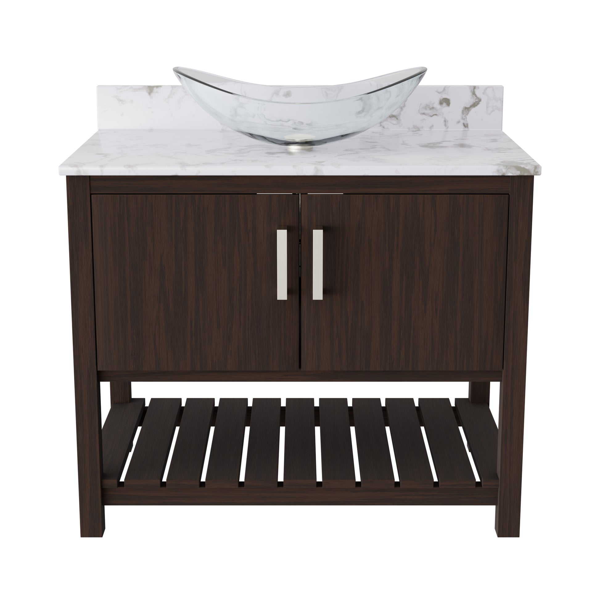 36-inch Novatto bath vanity with cafe mocha quartz countertop and sink, showcasing elegant bathroom accessory design.