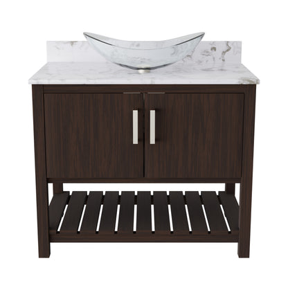 36-inch Novatto bath vanity with cafe mocha quartz countertop and sink, showcasing elegant bathroom accessory design.
