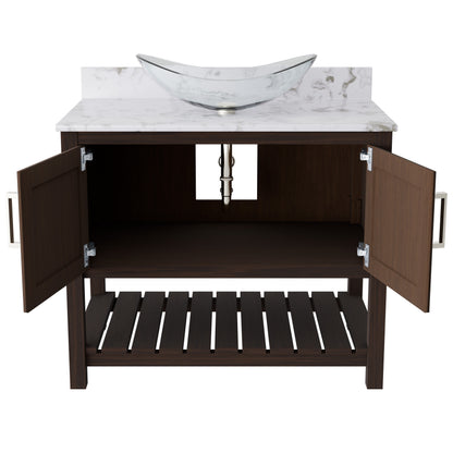 36-inch Novatto bath vanity with cafe mocha quartz countertop and integrated sink, showcasing sleek bathroom accessory design.