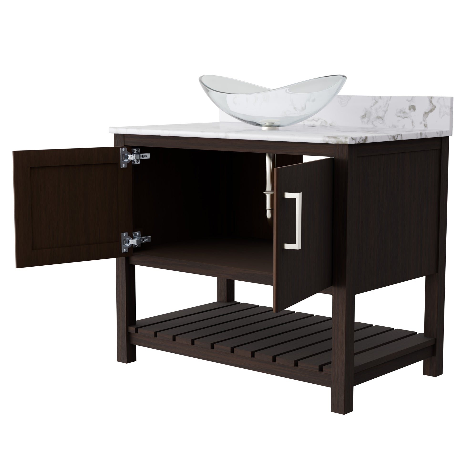 36-inch Novatto bath vanity with cafe mocha quartz countertop and integrated sink, modern bathroom accessory design