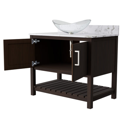 36-inch Novatto bath vanity with cafe mocha quartz countertop and integrated sink, modern bathroom accessory design