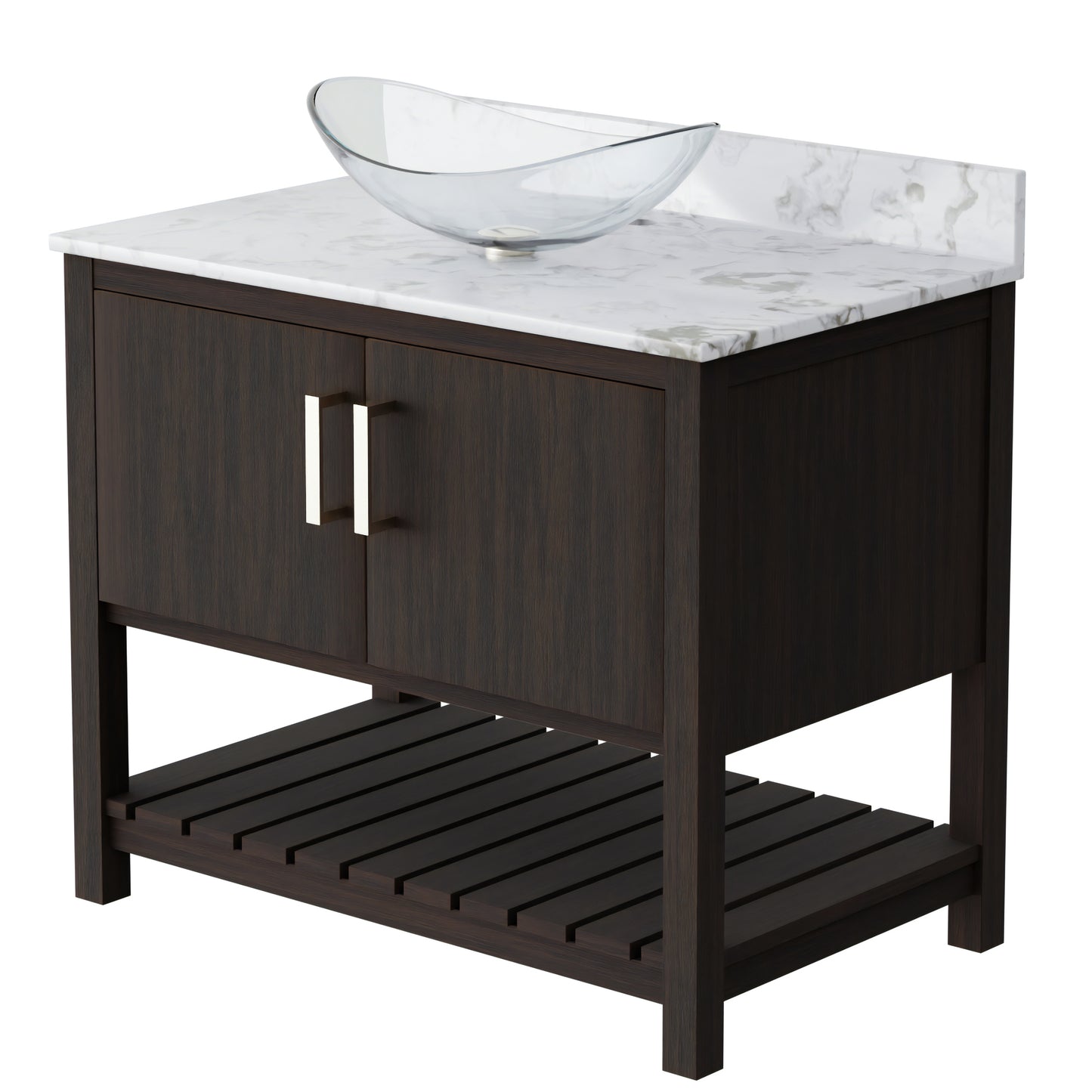36-inch Novatto bath vanity with cafe mocha quartz counter and sink, showcasing sleek bathroom accessory design.