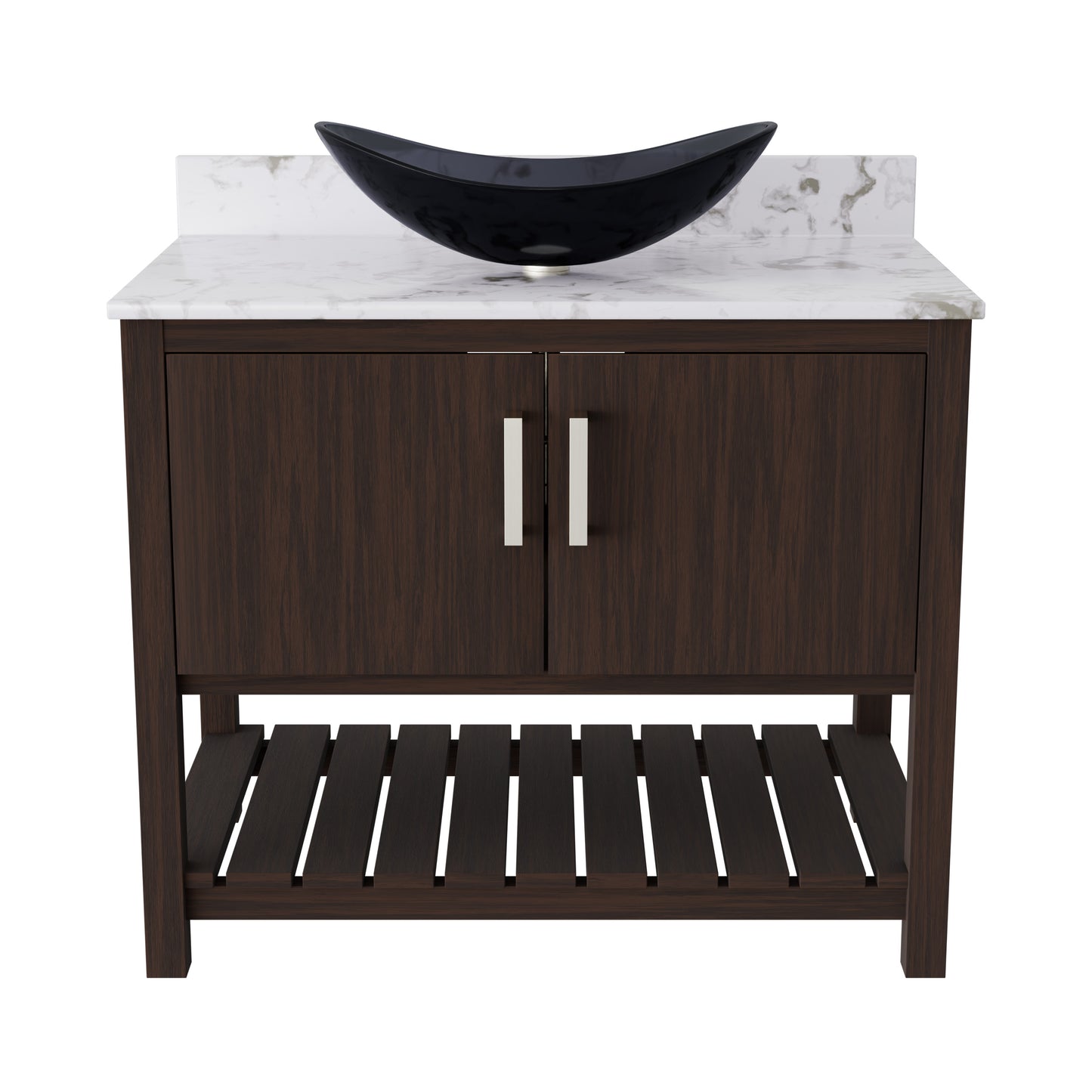 36-inch Novatto bath vanity with cafe mocha quartz countertop and sink, showcasing the elegant bathroom accessory.