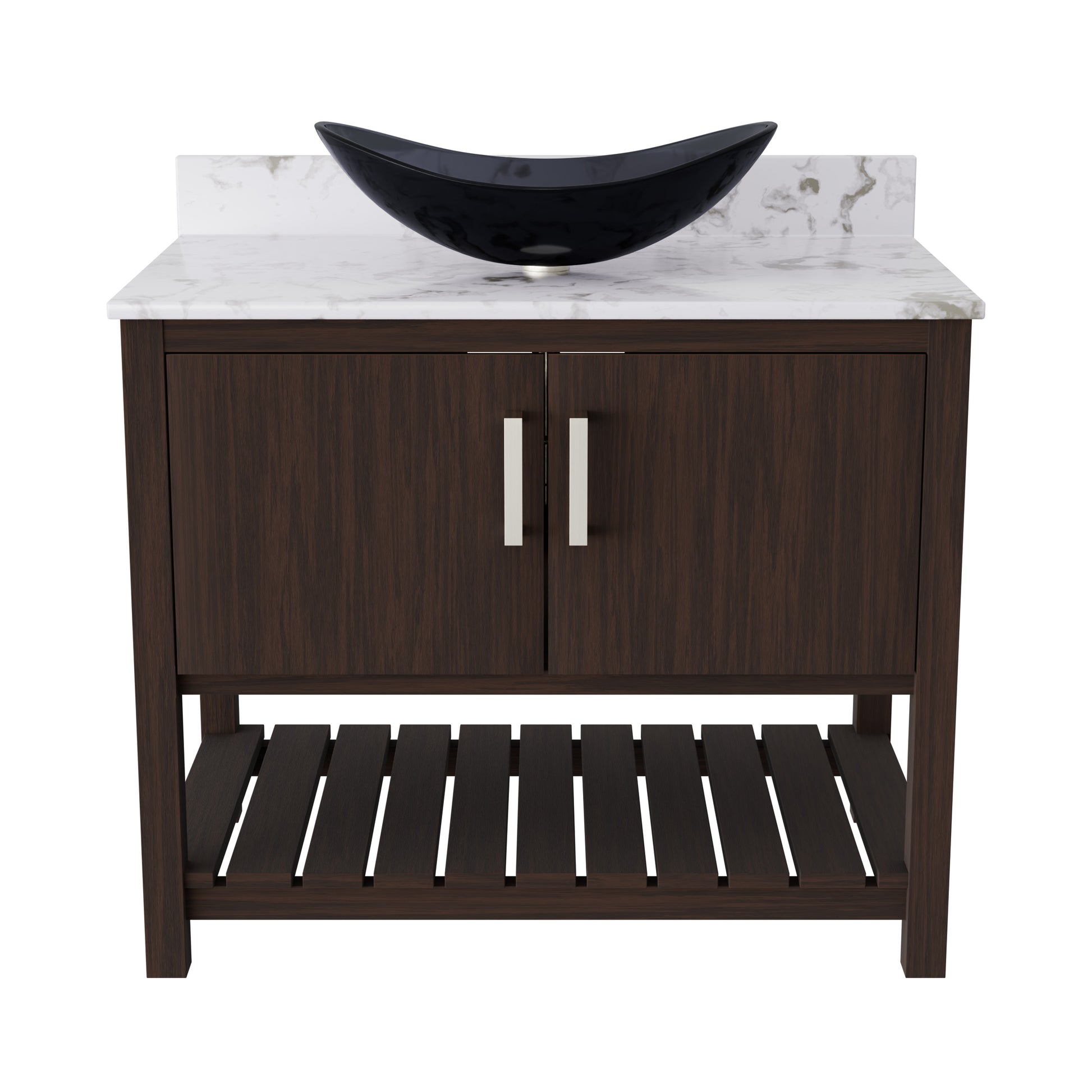36-inch Novatto bath vanity with cafe mocha quartz countertop and sink, showcasing the elegant bathroom accessory.