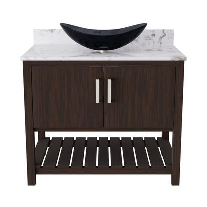 36-inch Novatto bath vanity with cafe mocha quartz countertop and sink, showcasing the elegant bathroom accessory.