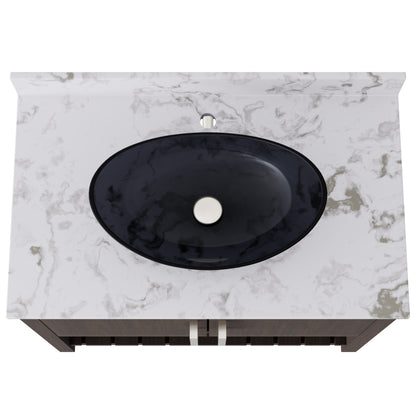Novatto 36-inch bath vanity with cafe mocha quartz countertop and integrated sink, showcasing sleek bathroom accessory design.