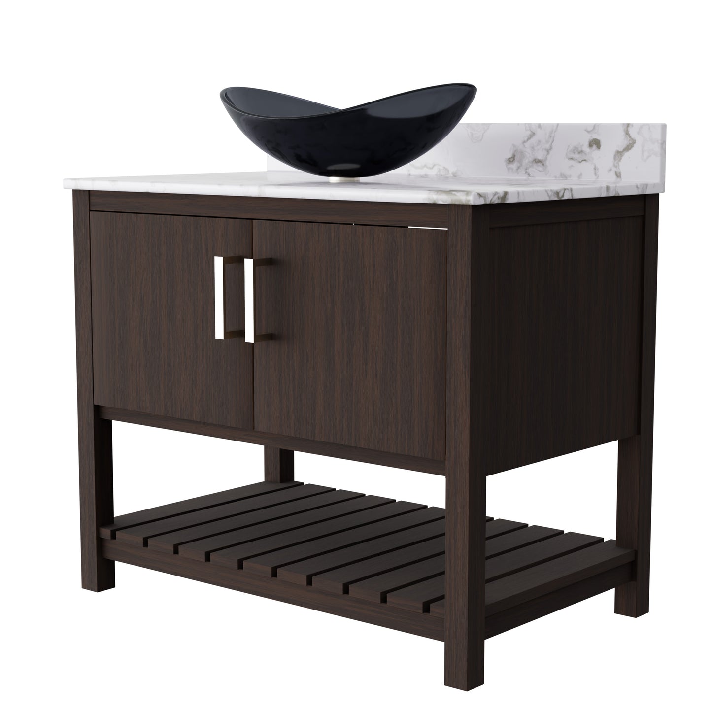 Novatto 36-inch bath vanity with cafe mocha quartz countertop and integrated sink, showcasing elegant bathroom accessory design.