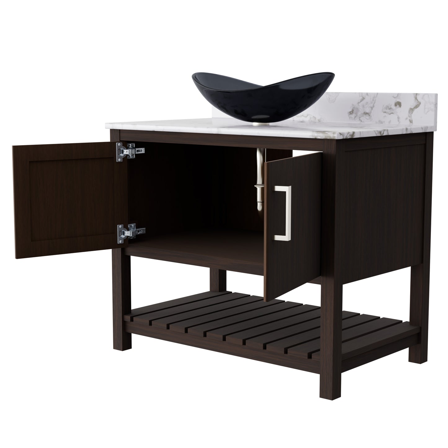 36-inch Novatto bath vanity with cafe mocha quartz countertop and sink, showcasing modern bathroom accessory design.