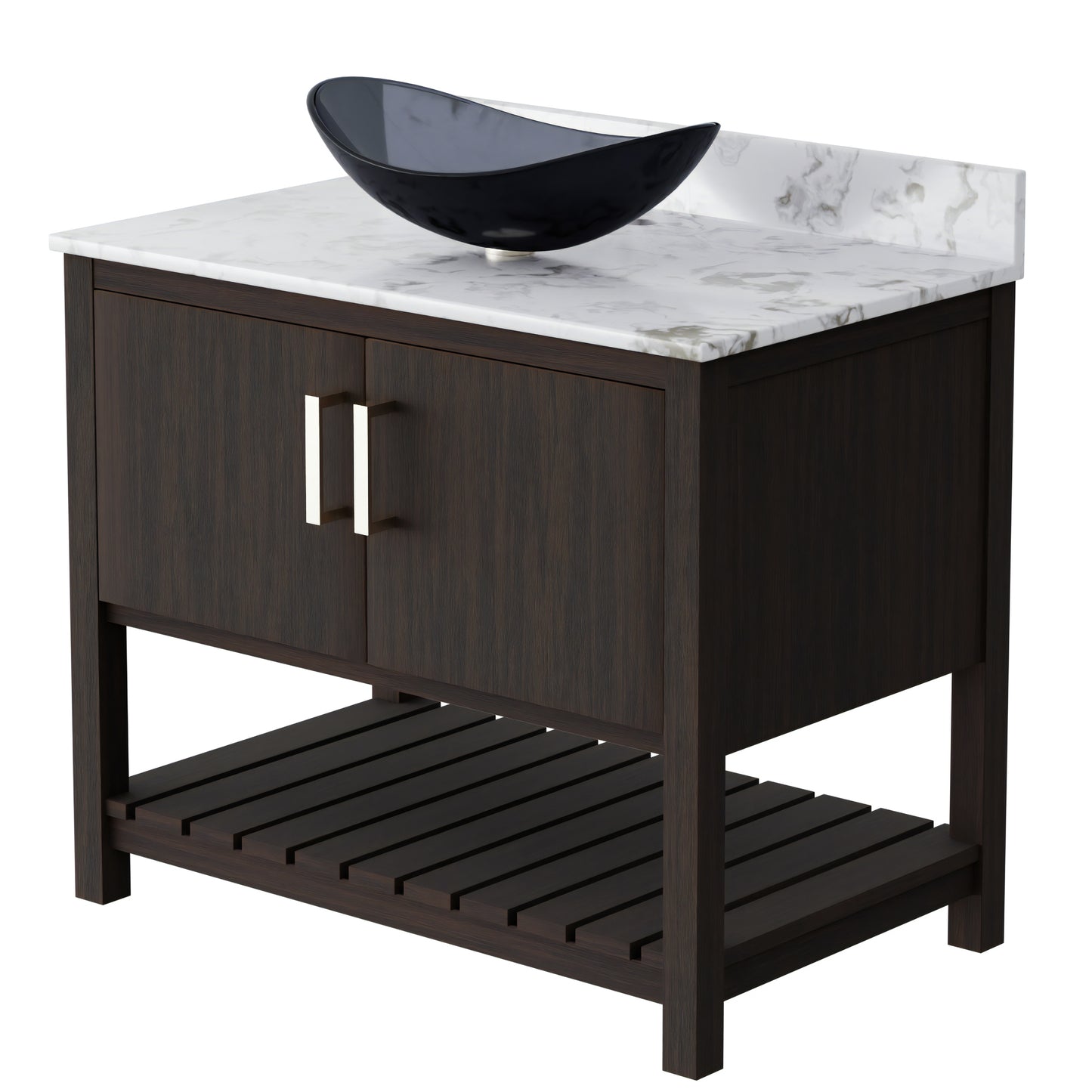 36-inch Novatto bath vanity with cafe mocha quartz countertop and integrated sink, showcasing elegant bathroom accessory design.