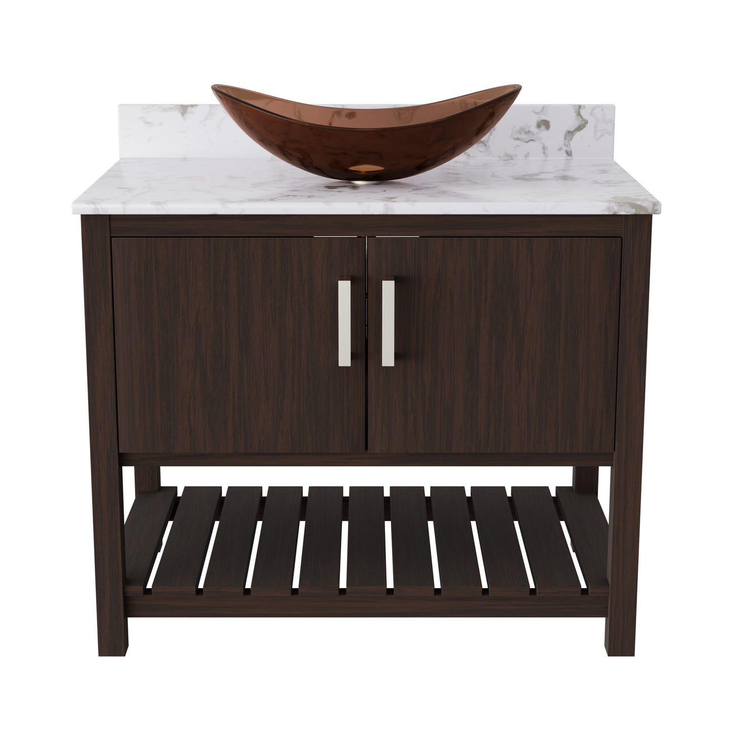 Novatto 36-inch bath vanity with Cafe Mocha quartz countertop and sink, showcasing sleek bathroom accessory design