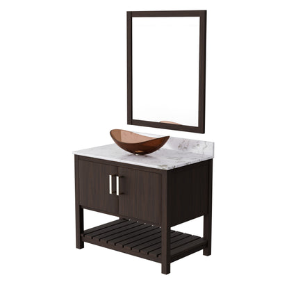 Novatto 36-inch bath vanity with cafe mocha quartz countertop and integrated sink, showcasing sleek bathroom accessory design.